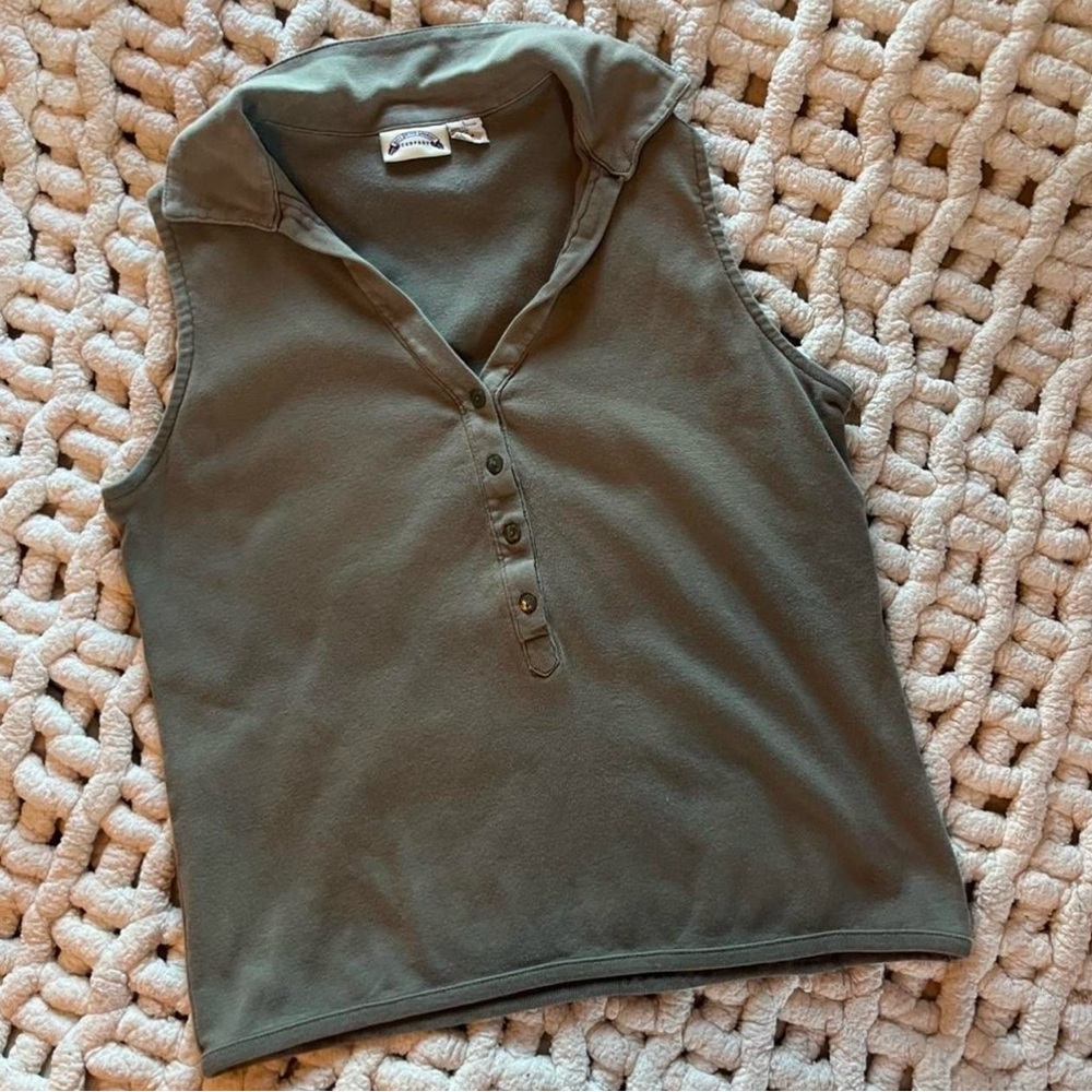 Vintage Army Green Tank Top with Collar Size Large 100% cotton blouse
